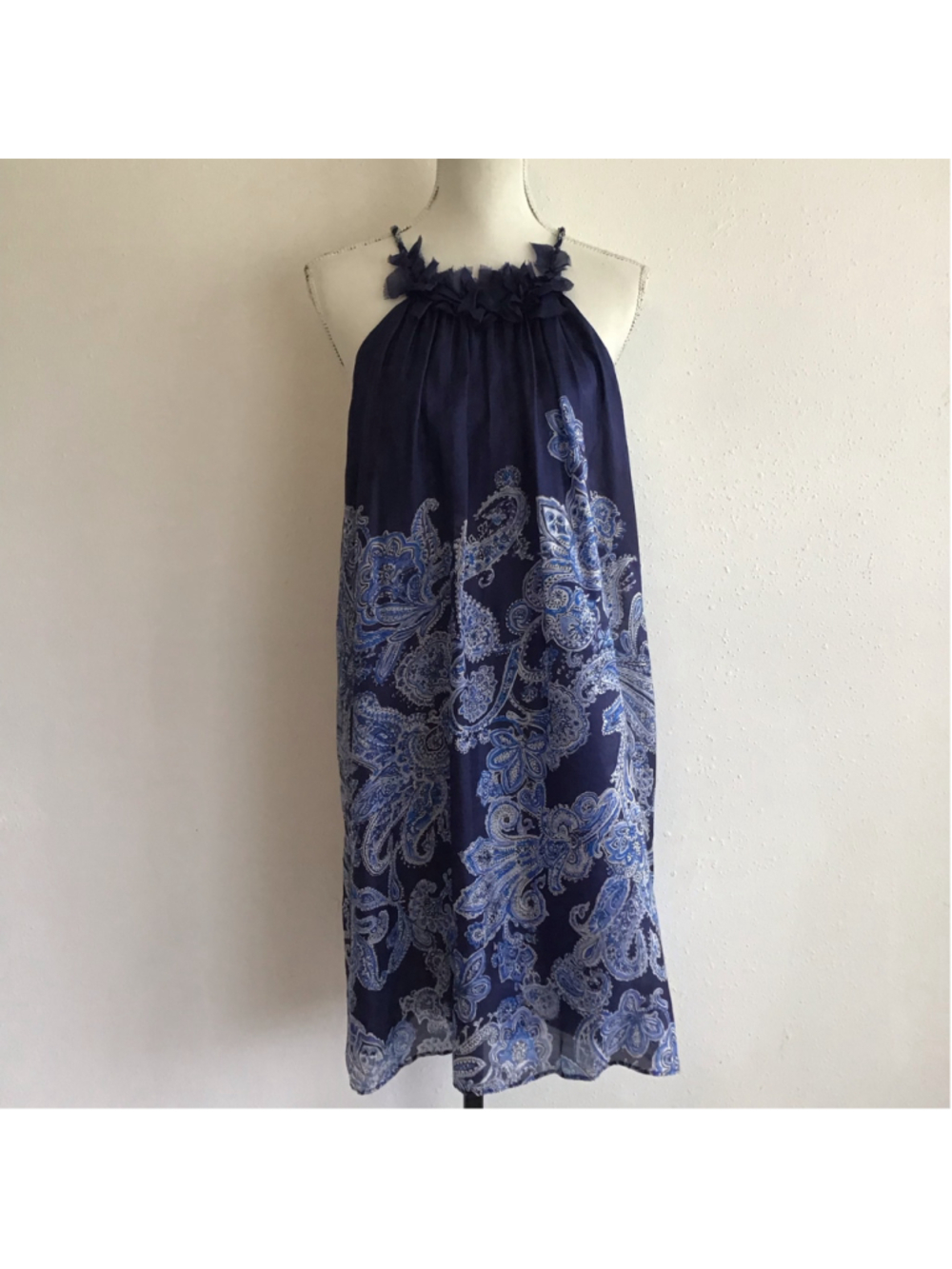 Zara Women's Fun Paisley Halter Mini Dress Navy Blue Size L